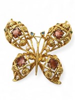 Large Goldtone Butterfly Brooch w Mixed Gems