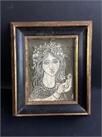 Vtg Woman holding Man Etching in Marble Framed