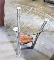 26" Triangular Glass/Metal Table w/Wood Shelf