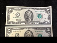 (2) 2 DOLLAR BILLS CONSECUTIVE SERIAL NUMBERS