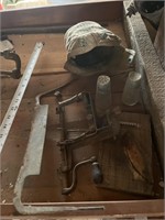 Vintage grinder, blade, military canteen bag.