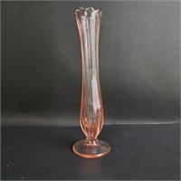 Pink depression glass bud vase.  8.5" tall, wave