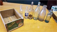 Vintage Wood Crate w/ 6 Vintage Bottles