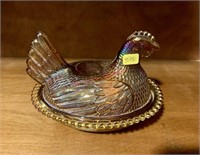 Amber Colored Glass Lidded Chicken Dish (back