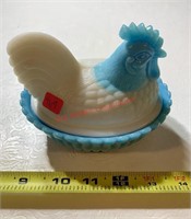 Glass Blue and White Lidded Chicken Dish (back