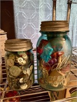 2 Blue Ball Jars with Buttons and Thread