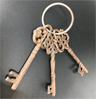 Set of three cast iron skeleton keys on a ring. Ea