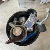 Bucket with misc tapes and hand tools.