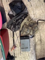 Shelf lot including tackle box full with hooks, we