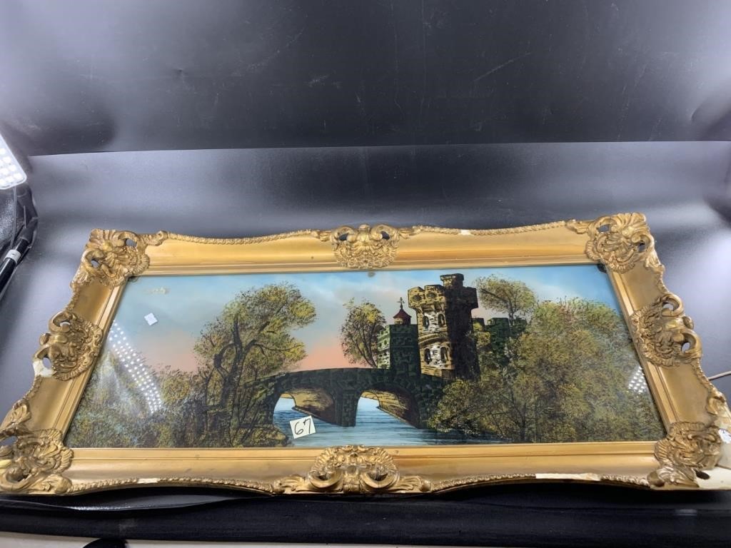 3D Glass reverse painted scene of a castle, set in