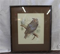 Framed signed print, "Great Horned Owl, 19.5 X