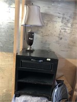 Lot with table lamp wooden storage cabinets, metal