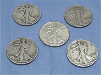 Five Walking Liberty Half Dollar 90% Silver