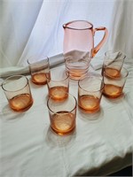 Pink Dunbar Pitcher and 7 wide Glasses