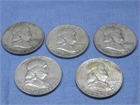 Five Franklin Half Dollar Coins 90% SIlver
