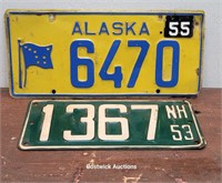 2 license plates - 55 Alaska & 53 New Hampshire