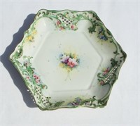 Antique hand painted hexagon plate/bowl 10" x 9"