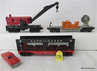 3 Lionel Freight Cars: Crane, Auto, Searchlight