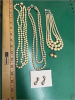 3 vintage pearl looking necklaces and 2 pr earring