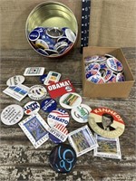 Tin & box of Political/Ithaca pins