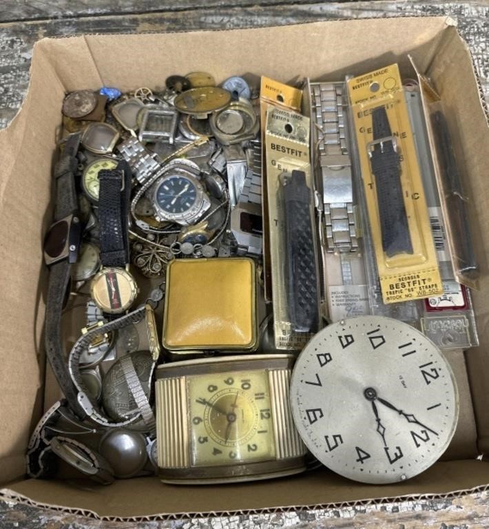 Box of watches/clocks/parts/accessories