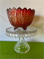 Carnival Glass Bowl + Fostoria Clear Cake Plate