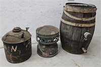 Coleman heater, oil can, keg