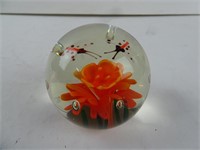 Medium Glass Paperweight with Orange Flower &