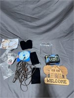 Political pins, Welcome sign, purse hooks, camera,