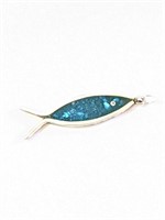 .925 Silver Vintage Azurite Fish Pendant  H