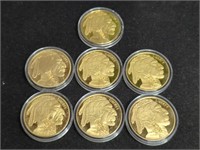 Seven gold plated Buffalo coins. Dated 2012-2018.