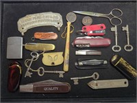 Vintage skeleton keys, pocket knives, lighters,