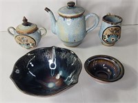 Mexican glazed pottery Netzi tea set & bowls