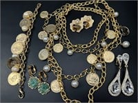 Vintage coin necklace and bracelet, earrings more