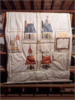 Vtg Quilted Banner - Hand Stitched House Motif