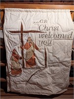 Vtg Quilted Banner, Hand Stitched Christ Welcomes