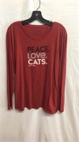 R5) WOMENS XL PEACE, LOVE, CATS, XL, RED, -stains?