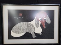 Framed Japanese dachsund woodblock print by