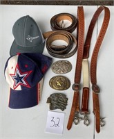 Caps. Belt Buckles, and Leather Suspenders Lot