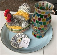 Chicken Bowl, Vase and Plate Lot