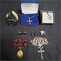 Group of jewelry - wrist watch, rosary & earrings