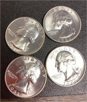 4 uncirculated 1961 silver quarters