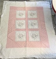7' x 8' pink & white embroidered quilt