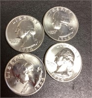 4 uncirculated 1964D silver quarters