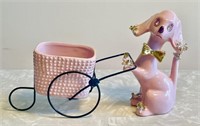 Vintage Lefton pink poodle pushing a flower cart