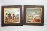 Set of 2 Signed and Framed Oil on Tile