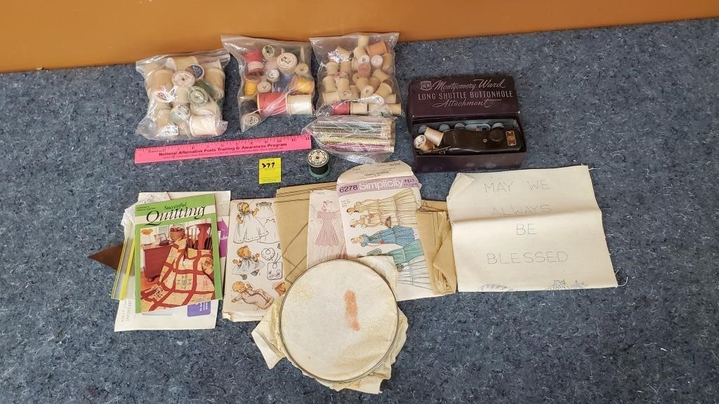 Spools, Sewing Patterns, Buttonholer, Etc.