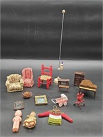 Vintage Dollhouse Furniture + Woodpecker on Pole
