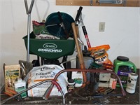 Assorted Gardening Tools, Hacksaw, Fertilizer, etc