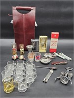 Assorted Barware, incl. Leather Dbl Wine Carrier